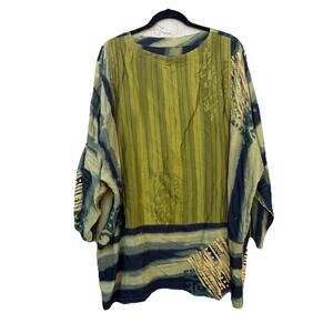 Sahara Green Tie Dye Cotton VTG Bohemian Top Tunic Long Sleeve Large FLAW